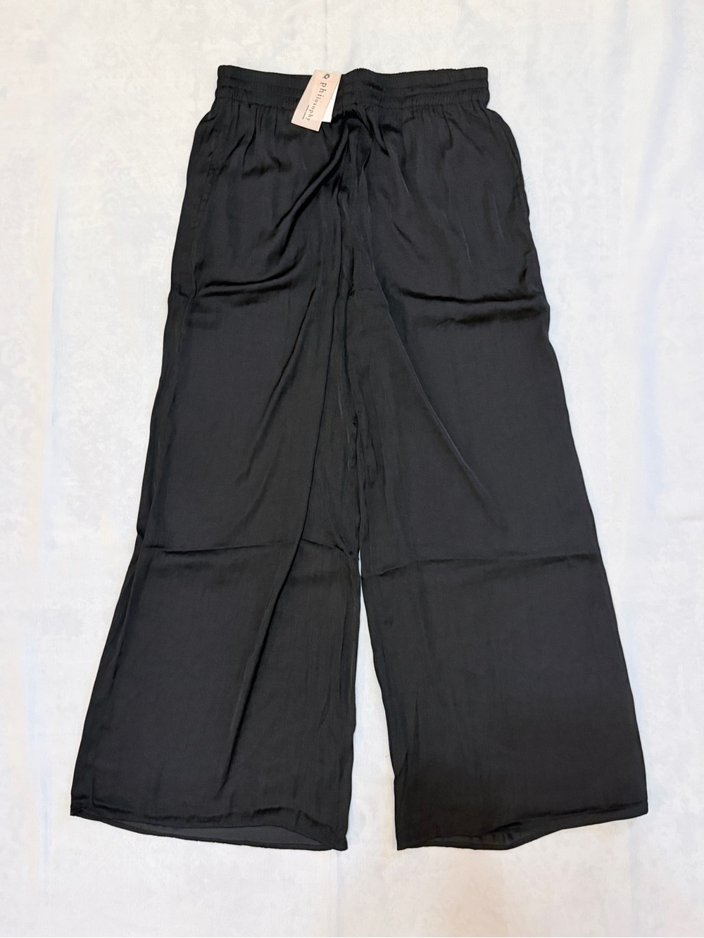 Philosophy Republic Black Satin Look Sz M Wide Leg Pants Elastic Waist NWT